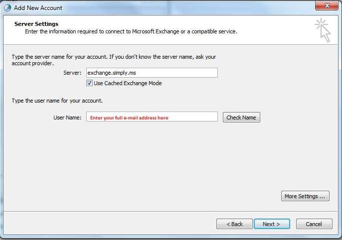 Leave the Use Cached Exchange Mode box ticked and enter your full Excahnge mailbox e-mail address as the user name.