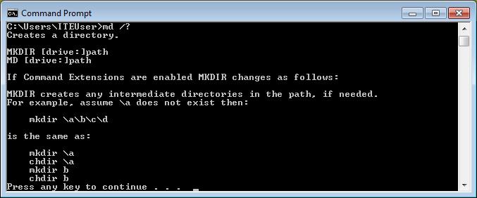 b. Type md /? at the prompt to display additional information and switches that can be used with this command. Step 3: Create and change directories.