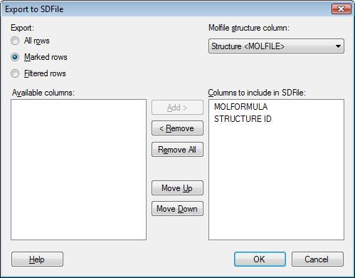 TIBCO Spotfire Lead Discovery 2.1 User s Manual 3.2 Details on Export to SDFile To reach the Export to SDFile dialog: 1. Right-click on the table and select Export to SDFile.