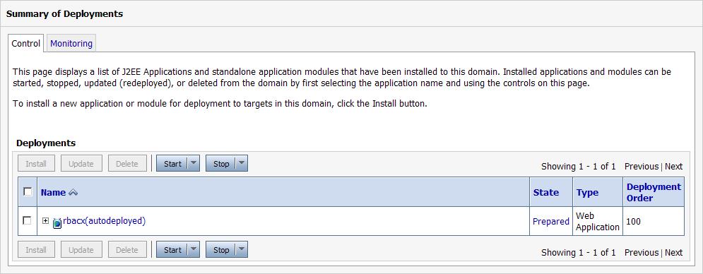 21. Click [Deployments] on the left pane. Sun Role Manager application would be listed under Summary of Deployments section 22.