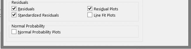 For residual information select, Residuals, Standardized Residuals, and Residual Plots from the Residuals section.