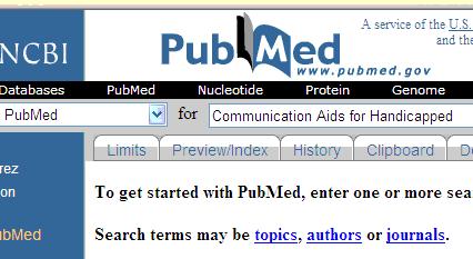 Selecting, from the list of search words that we obtained above, the search terms Communication Aids for Handicapped, we can return to our Search Page in Pub Med.