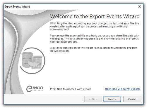 Events Logging Exporting Monitoring Events With Ping Monitor, you can easily export the monitoring events to the CSV file format for future analysis or processing by an automated tool.