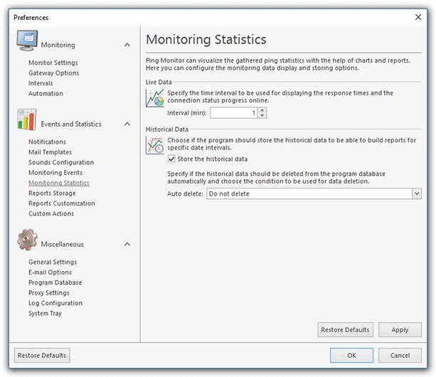 Program Preferences Monitoring Statistics Page Ping Monitor gathered and stores per host performance and availability data while monitoring remote hosts connectivity.