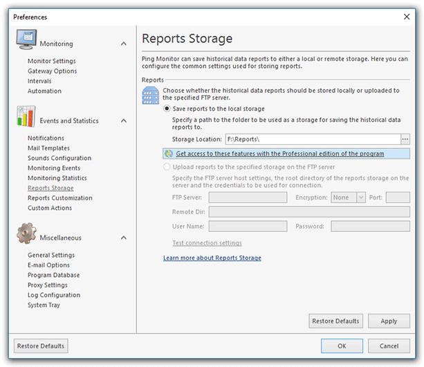 Program Preferences Reports Storage Page Ping Monitor allows you to save performance and availability reports to the reports storage.