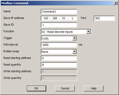 Command1 is for reading the DI status from Modsim32. Click OK to add the command.