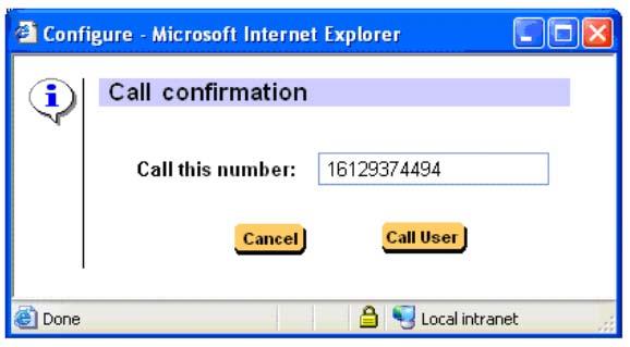 Clicking on Call User causes your telset to ring. When you answer the call, My CallPilot calls the specified phone number.