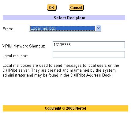 The user can also select the CallPilot hyper text link to select or enter a CallPilot address.