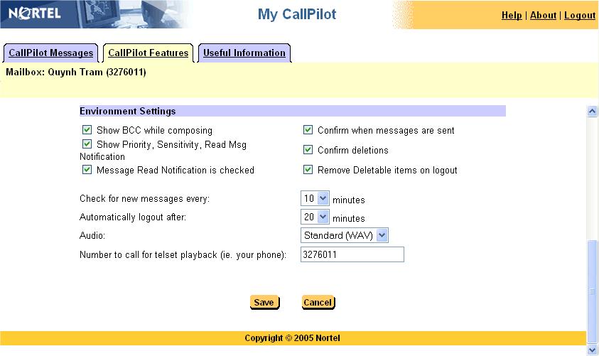 To change environment settings Change any of these My CallPilot settings to your preferences.