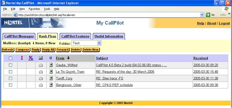 E-mail tab While you are logged in to My CallPilot, you can check your e-mail messages. You can forward and reply, and send new e-mails. See Setting up links to your e-mail accounts, on page 53.