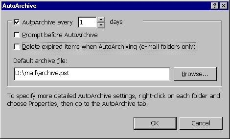 3 Select the Clean out items older than check box. 4 Set the time to 1 day. 5 Select Permanently delete old items. 6 Click OK. To activate AutoArchive 1 In Outlook, choose Tools > Options.