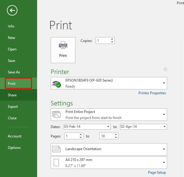 Microsoft Project 2016 Foundation - Page 109 Investigate the various options that are available. See how you can select alternative printers using the Printer section.