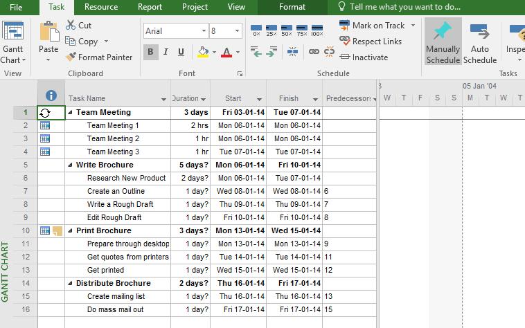 Microsoft Project 2016 Foundation - Page 11 Tasks are listed in the left side, and the Gantt chart view is displayed to the right.