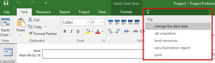 Microsoft Project 2016 Foundation - Page 20 In the top ribbon there is also a Tell me what you want to do section as
