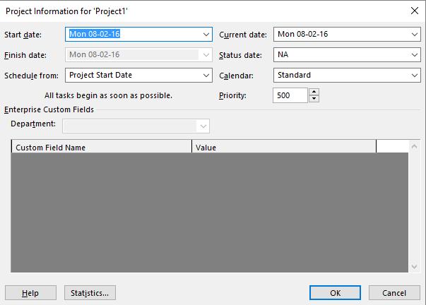Microsoft Project 2016 Foundation - Page 25 Inputting Start and Finish Dates The first step in starting a new project is establishing basic project information.