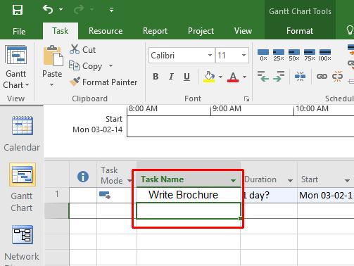 Entering Subtasks Click in the second row of the Gantt table, underneath "Write Brochure".
