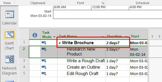 based on the durations of the subtasks. Creating a Summary Task In row 6, type Prepare through desktop publishing and press Enter.