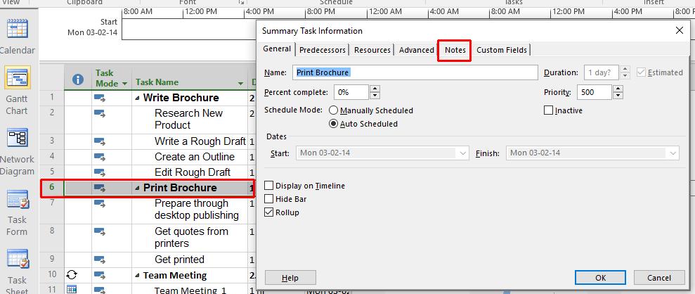 Microsoft Project 2016 Foundation - Page 52 Select the Notes tab in the Task Information