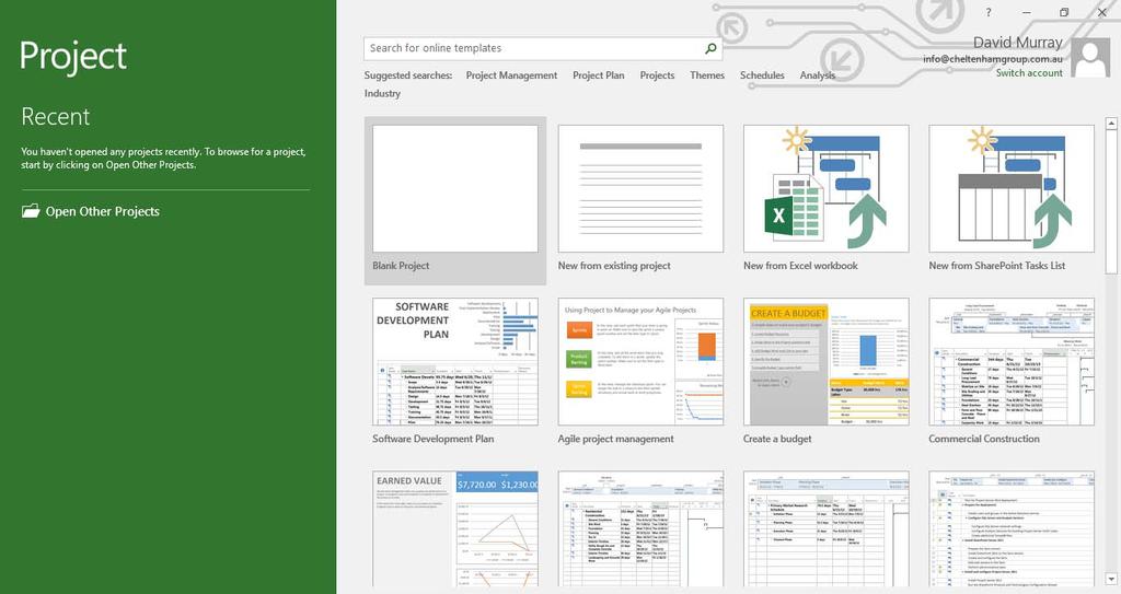 Microsoft Project 2016 Foundation - Page 6 Getting Started and Using Project The Project 2016 Screen When you first start Microsoft Project the screen will look similar to the illustration below.