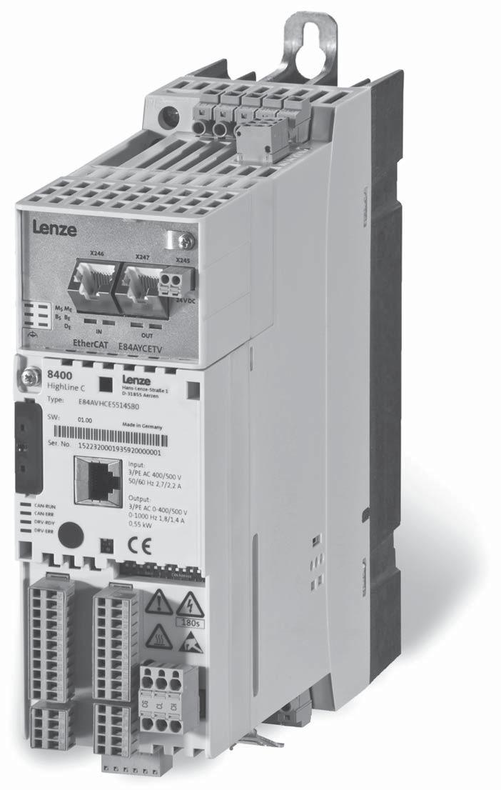 Product information Equipment Pluggable mains connection* Pluggable connection DC-bus connection (400 V types) Pluggable relay connection* Communication module* optional Safety engineering (STO)*