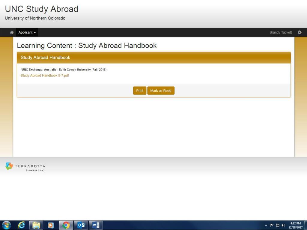 Step 14 Download the Study Abroad Handbook and select Mark as Read. Read the handbook.
