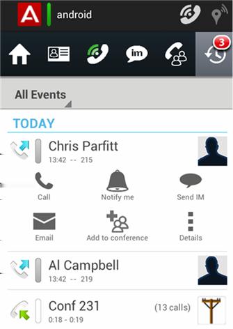 User interface The following options are available for unknown contacts in the Call Log screen: Call Add to conference Create contact Add to contact Icons:
