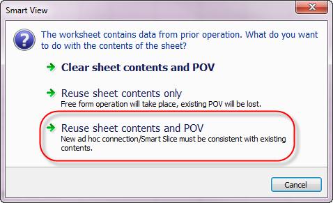 Reusing Essbase Files in Smart View Sheet Reuse Options Select how you would like to reuse the