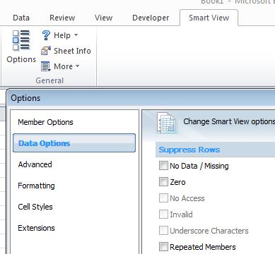 To fix, simply click on the Options Box in the Smart View Ribbon and Select Data Options.