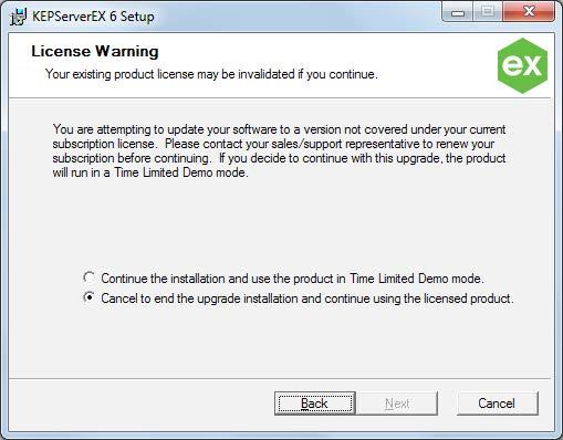 Scenario Three Installing Version 6 On a Machine with Existing Licenses This scenario is applicable to users that have previously installed and licensed KEPServerEX Version 5 and may or may not have