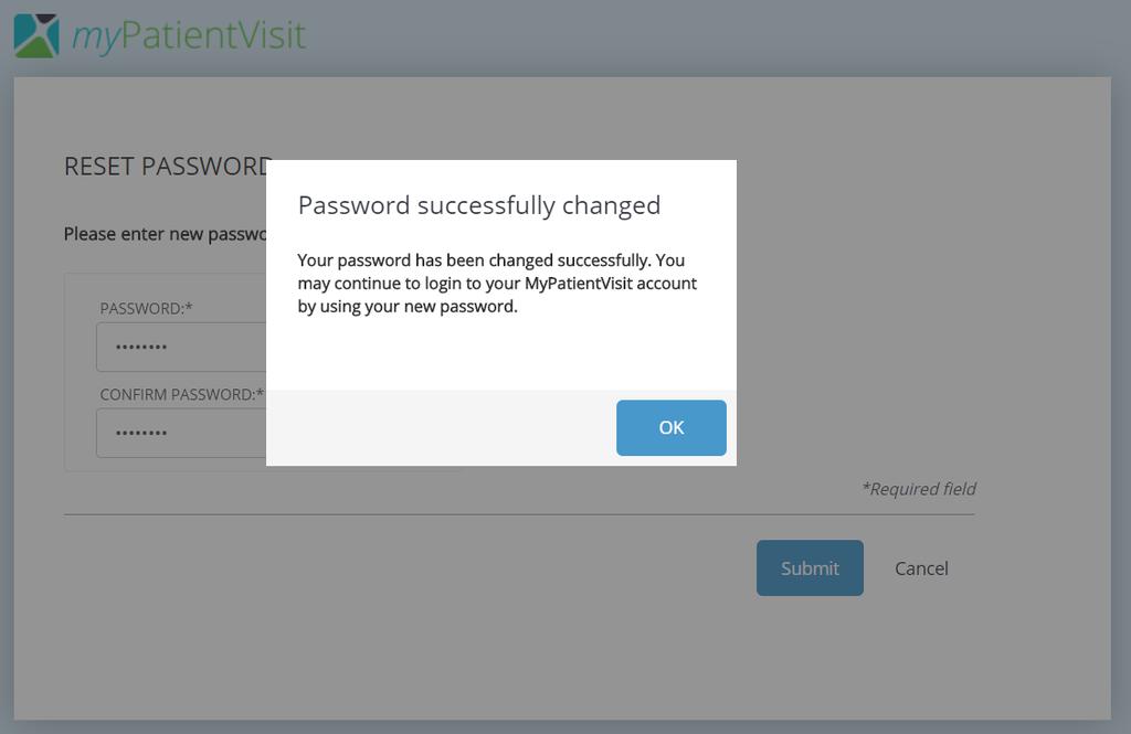 The patient will get confirmation that their password was successfully changed.