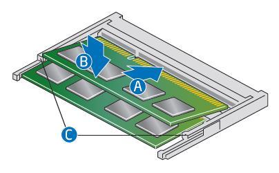 Install an additional memory module a. Align the small space at the bottom edge of the memory module with the key on the socket. b. Insert the bottom edge of the module at a 45 degree angle into the socket (A).