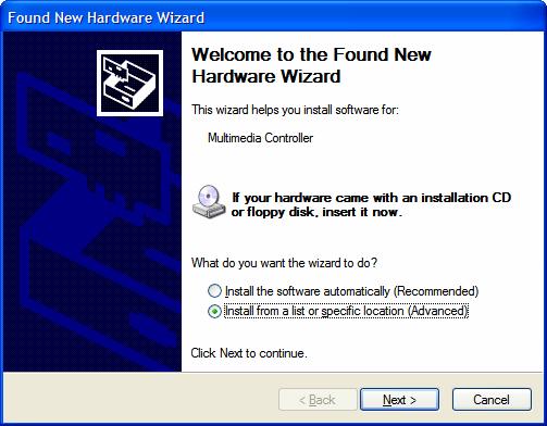 3. The Add New Hardware window will pop up. Make sure Install from a list or specific location (Advanced) is selected, then click Next.