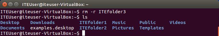 b. Use the rm ITEfolder4 to delete the empty directory, and the message rm: cannot remove ITEfodler4/ : Is a directory. c. Use the man pages to determine what options are necessary so the rm command can delete directory.