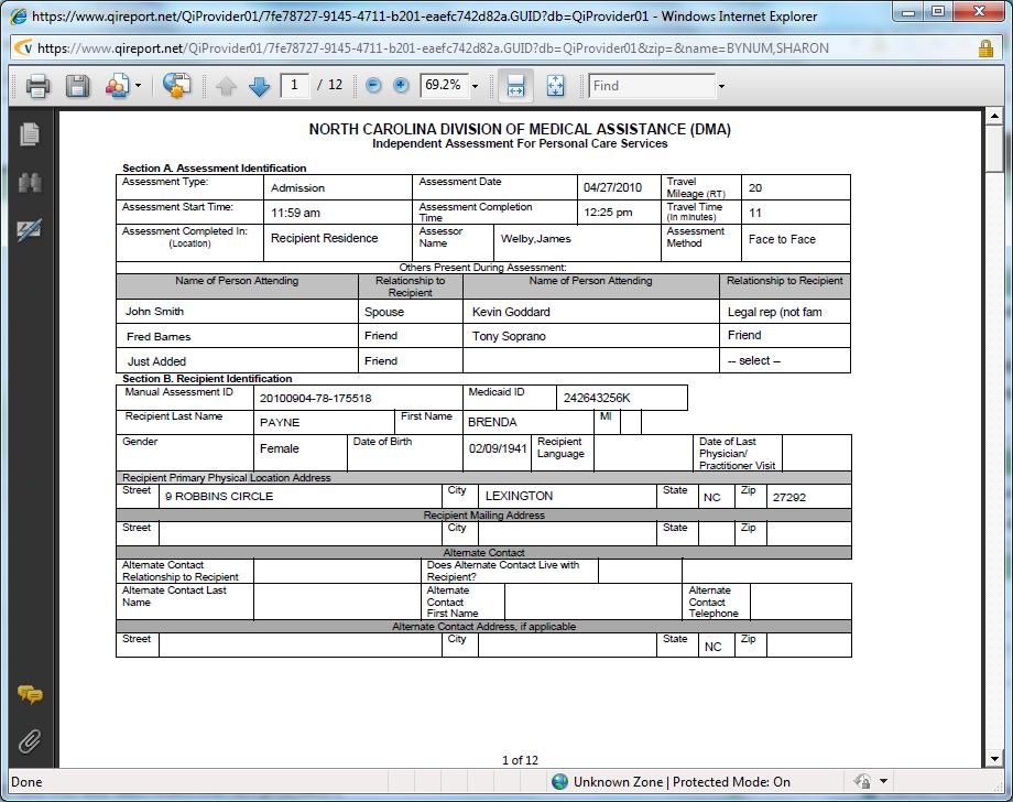 Viewing Recipient Information: Assessments Click on assessment date and PDF of assessment