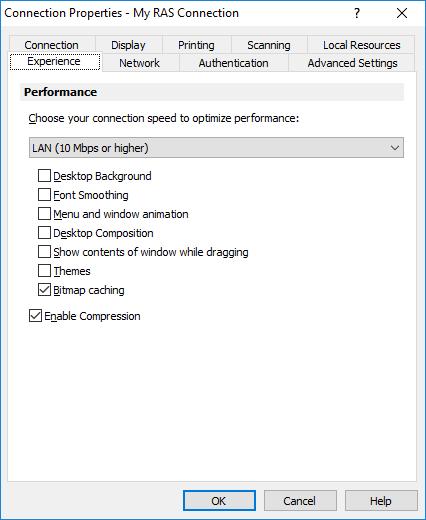 Experience The Experience tab page allows you to tweak the connection speed to optimize the performance of the connection with the remote server.