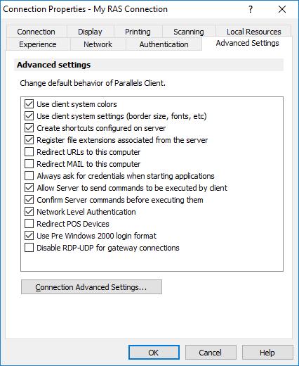 Do not connect. The user is not allowed to connect. Advanced Settings The Advanced Settings tab page allows you to customize the default behavior or Parallels Client.