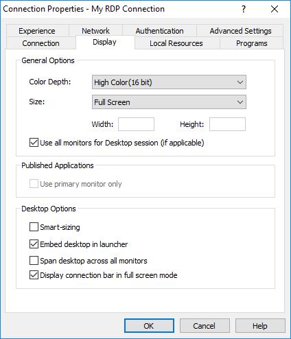 Display The Display tab page allows you to configure display options. In the General Options section, specify the general display properties, including color depth and screen size.