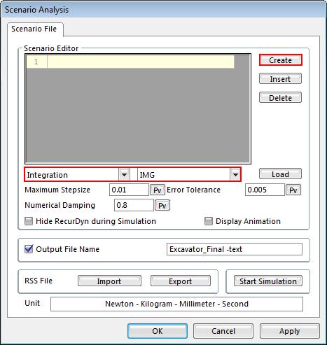 Setting Up and Exporting the RecurDyn Scenario File The RecurDyn scenario file (.RSS) tells RecurDyn how to run the simulation in batch mode.