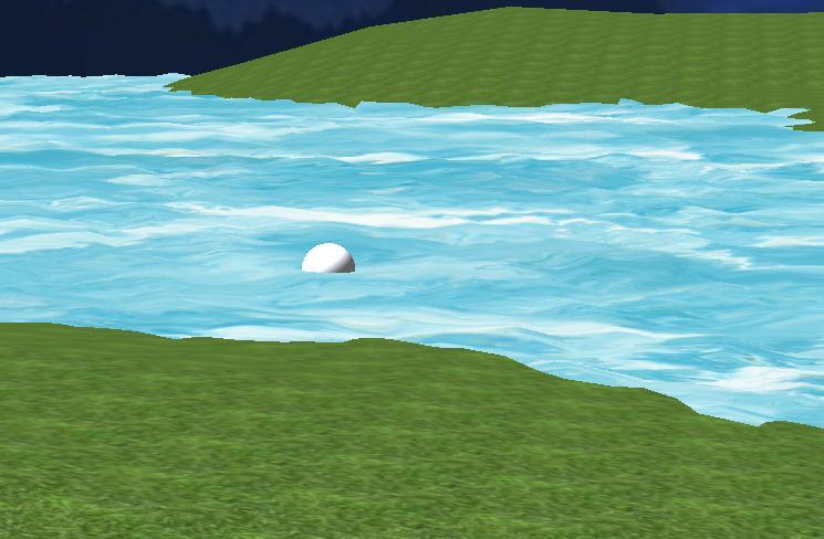 Chapter 4 - Results Section 4.1: Final Scene After all the programming and over three hundred lines of code, there is a final scene that can be viewed in Figure 4.1. This scene has a skybox, a sphere in the middle for reference, the terrain, and the water shader.