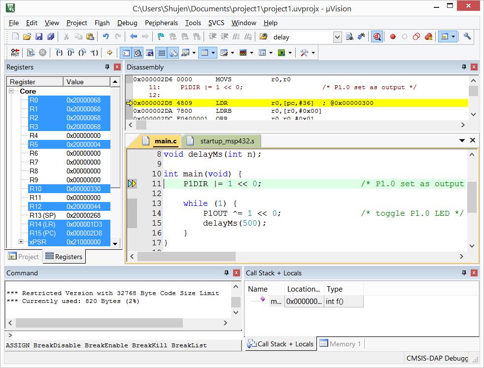 The source code appears in the middle with the disassembly window above