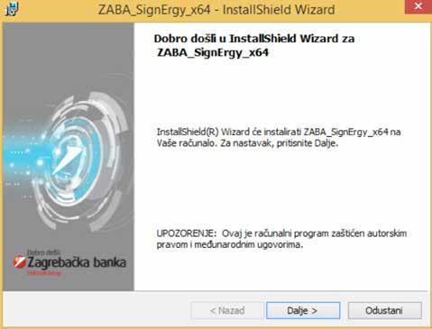 Odabir nastavka instaliranja Pojavit će se poruka o pravnim uvjetima Zagrebačke banke d.d. koje je potrebno pozorno pročitati i prihvatiti kako biste započeli s instaliranjem programske potpore.