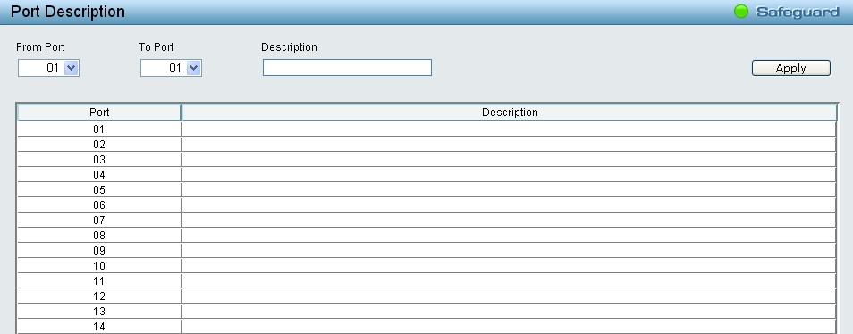 Figure 4.24 System > Port Description From Port / To Port: Specify the range of ports to describe. Description: Specify the description of ports. Click Apply to set the description in the table.