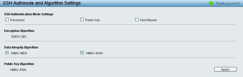Figure 4.87 Security > SSH > SSH Settings SSH Authentication Mode Settings: Password: Allows user to use a locally configured password for authentication on the Switch.
