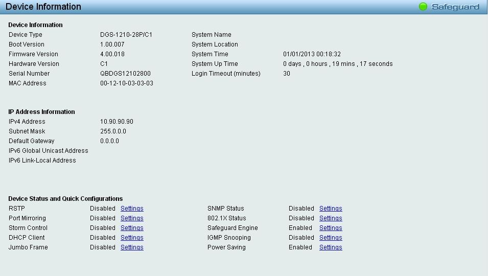 Figure 4.17 Device Information System > System Settings The System Setting allows the user to configure the IP address and the basic system information of the Switch. Figure 4.