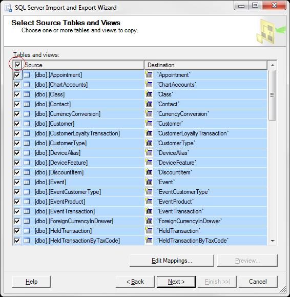 7. On the Review Data Type Mapping window, with the Appointment table selected in the top table, make sure that varchar types in the Data Type Mapping table map to VarChar in the destination. a.