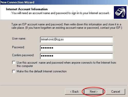 10. U polje User name ukucajte e-mail adresu, u polje Password lozinku, a u polje Confirm password ukucajte lozinku još jednom.
