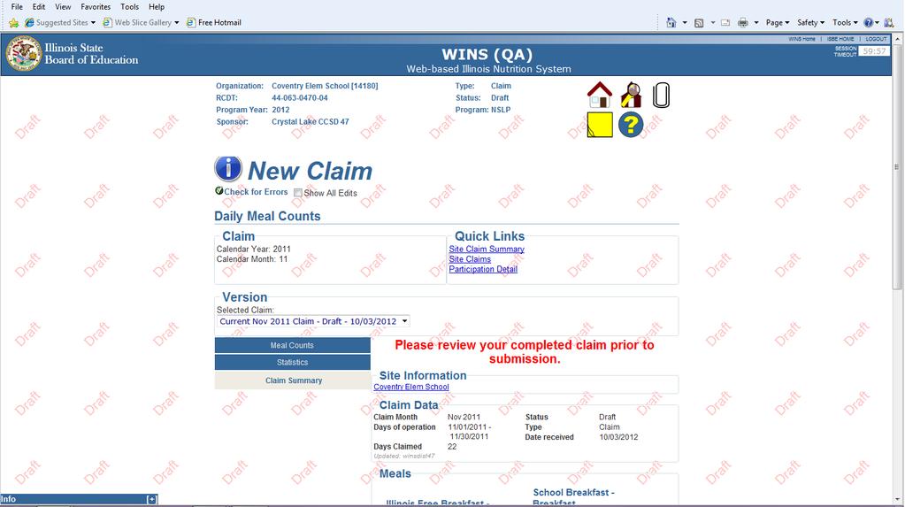 This screen summarizes the information you submitted on the Claim Entry and Statistics pages.