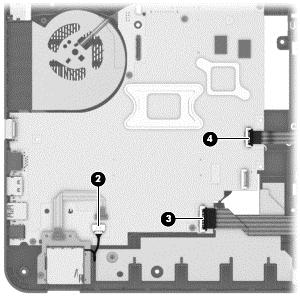 2. Position the computer upright, and then disconnect the following cables from the system board: (2): Speaker cable (3): USB board cable (4): Optical drive connector cable 3.