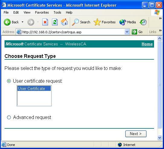 Select User certificate request and