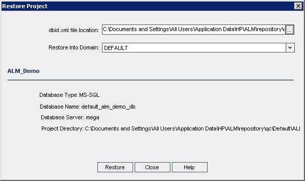 Chapter 21: Upgrading Projects 8. Select the dbid.xml file and click Open. The Restore Project dialog box opens and displays the database type, name, server, and the directory path of the project. 9.